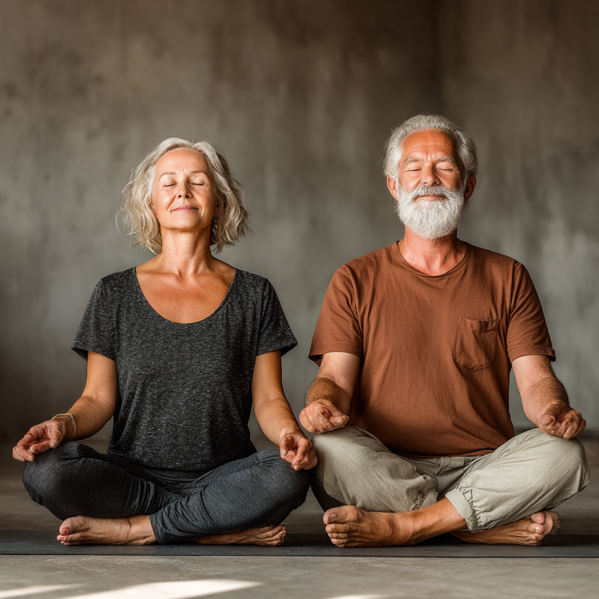 Adultos mayores practicando yoga